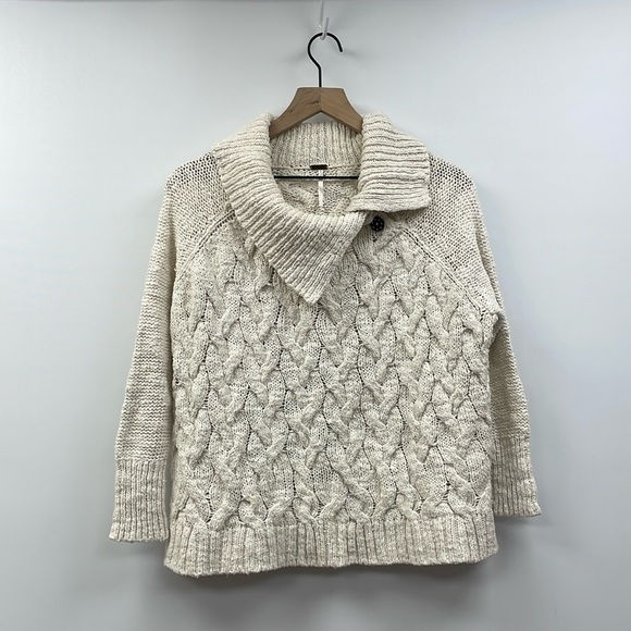 Free People Chunky Cable Knit Oversized Cowl Neck Pullover Sweater Cream Small - Picture 1 of 7
